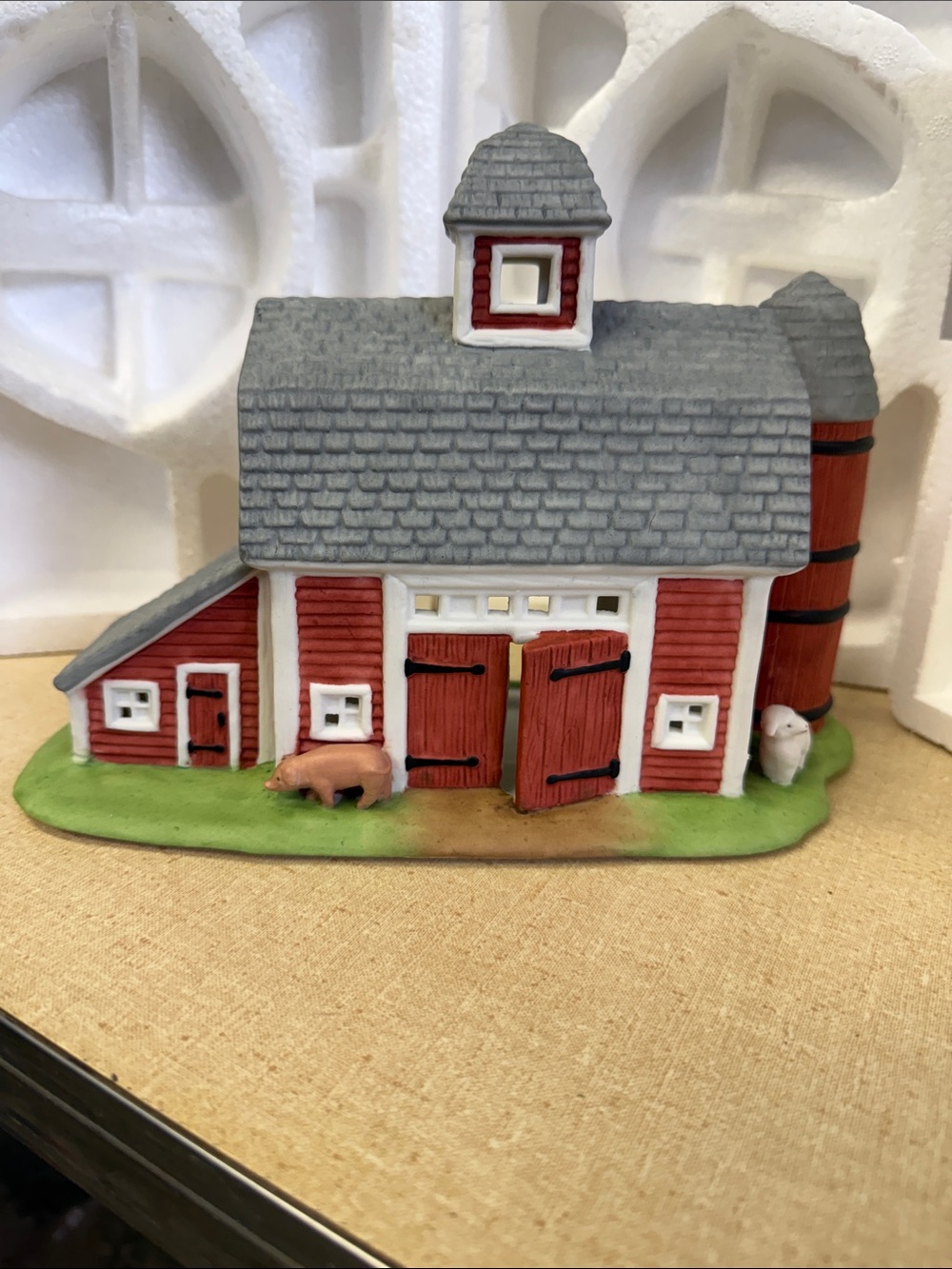 PartyLite Red Barn Figure with Gray Roof and Green Base